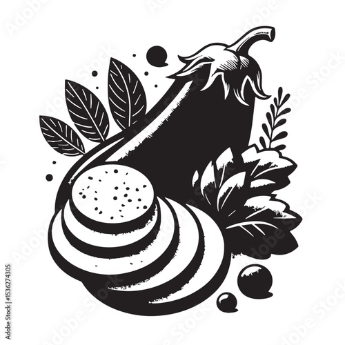 Black Eggplant Parmesan Silhouette Vector, High Quality Illustration on White Background