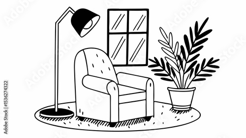 Illustration of an armchair with a lamp, window, and plant on a round rug in black and white style created with generated ai