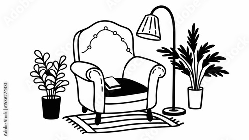 Illustration of a cozy reading nook with armchair lamp plants and a rug in a black and white style created with generated ai