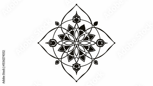 Black and white symmetrical floral design with petal shapes and circular elements in an ornate pattern created with generated ai