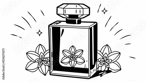 Elegant perfume bottle with faceted stopper and floral accents in a minimalist black and white style created with generated ai