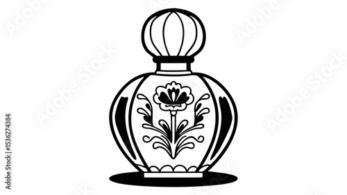 Elegant perfume bottle with floral design and spherical stopper in black and white style drawing created with generated ai