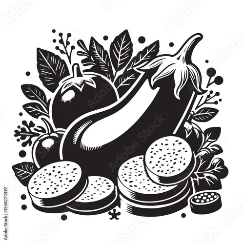 Black Eggplant Parmesan Silhouette Vector, High Quality Illustration on White Background