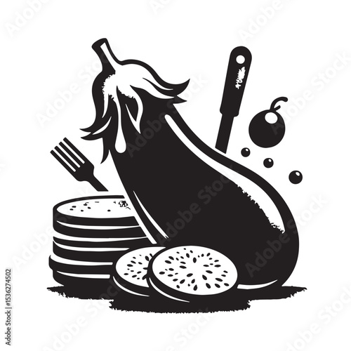 Black Eggplant Parmesan Silhouette Vector, High Quality Illustration on White Background