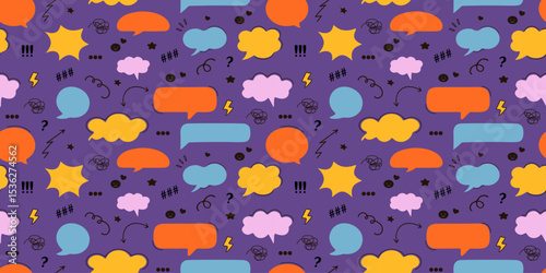 Playful seamless pattern with speech bubbles, doodles, and symbols on purple, perfect for kids designs, comics, or fun illustrations. Vector art