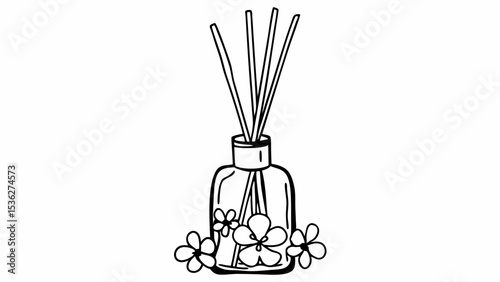 Aromatic reed diffuser with flowers in a simple black and white outline drawing style illustration created with generated ai