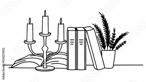Illustration of candles on a candelabra with books and plant in a pot in black and white line art created with generated ai