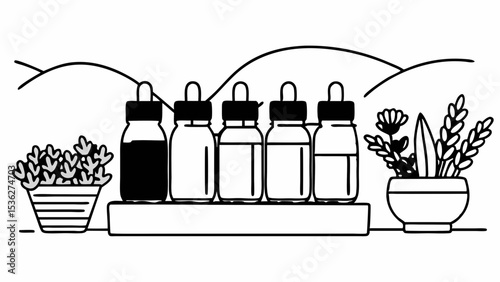 Five dropper bottles and two potted plants are displayed on a shelf with hills in the background created with generated ai