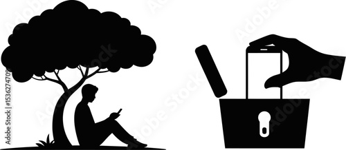 Digital detox concept illustration of man under tree and phone in box for screen time awareness campaign editable stock vector illustration
