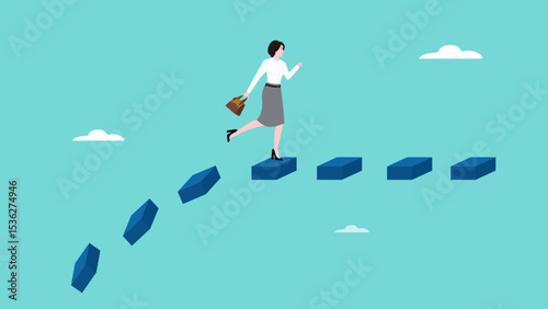 Overcoming obstacles to achieving success, woman crosses a bridge that will collapse to achieve business goals or career success, overcoming problems in business, strategy to get out of trouble