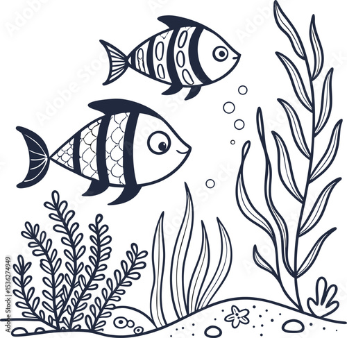 fish,underwater,sea plants,bubbles,digital art,black and white
