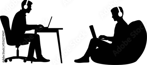 Remote work silhouette illustration of people working on laptops with headphones in different positions editable stock vector illustration