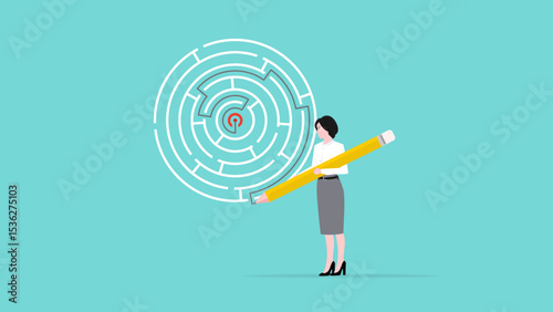 strategy or innovation to solve business problem, Overcoming obstacles to achieving success, strategy to get out of trouble, smart businesswoman solving maze puzzle using pencil