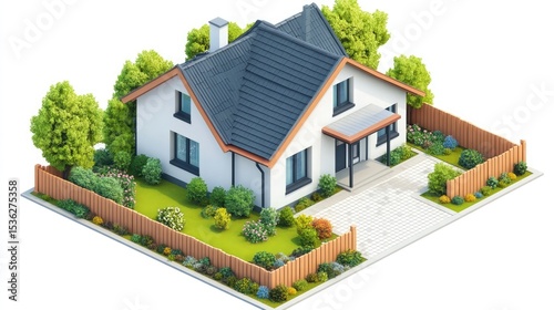 Isometric Illustration of a Suburban Home with Yard and Fence for Real Estate or Architecture.