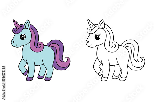 Cartoon unicorn colored and outline drawing illustration