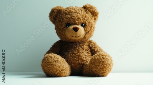 Brown teddy bear sits, facing front