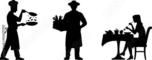 Restaurant chef cooking food delivery service and customer dining silhouette vector illustration editable stock vector illustration