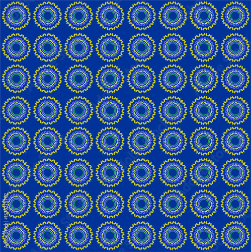 A seamless pattern of radiant yellow and green sunburst mandalas on a vivid royal blue background, creating a vibrant, symmetrical, and energizing visual harmony.
