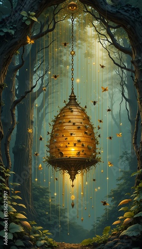 Beehive Hanging in Forest with Flying Insects and String Lights