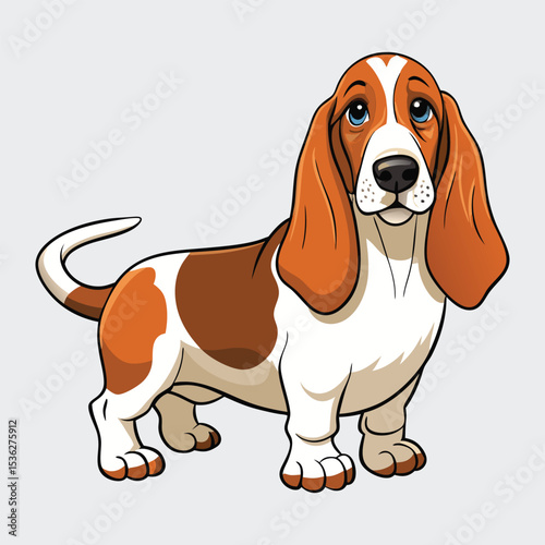 Cartoon basset hound with floppy ears and a curled tail