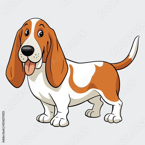 Cartoon basset hound with brown and white fur standing still
