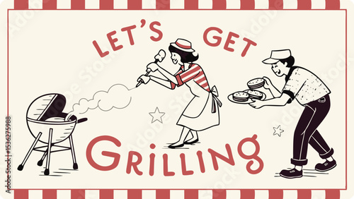 Illustration of a happy couple grills burgers at a summer cookout, illustrated in a vintage style