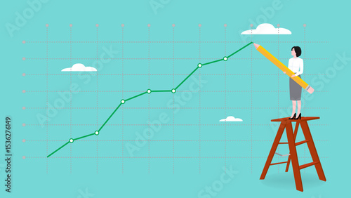 increase business performance followed by a lot of income, businesswoman climbing a ladder to make a financial growth graph using a pencil, Business goals as profit target achievement process