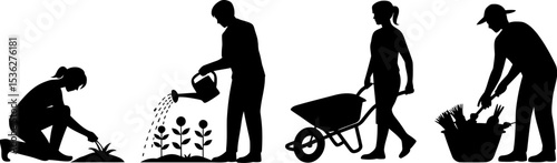 Gardening silhouette vector illustration of people planting watering and harvesting crops design 100 editable stock vector illustration