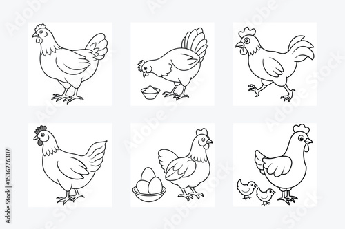 Various chicken illustrations in black and white outline