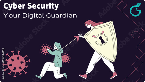 Illustration of a woman protects a child from viruses with a shield symbolizing cybersecurity