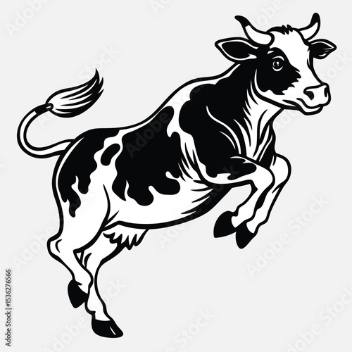 Illustration of a black and white cow jumping in the air