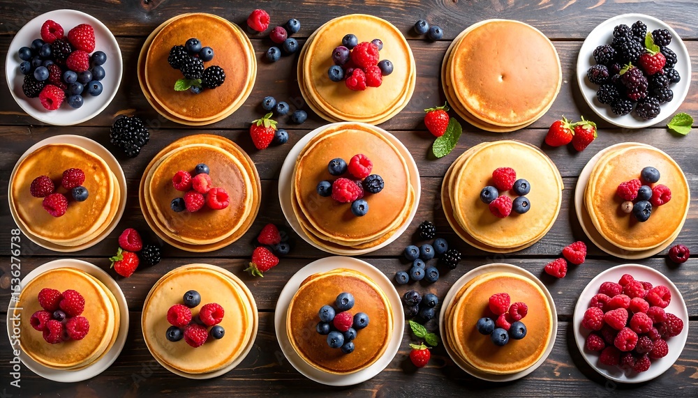 Fototapeta premium Assorted pancakes with vibrant berries arranged on rustic wooden surface, top view