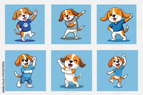 Collection of cartoon dogs in various poses on light blue
