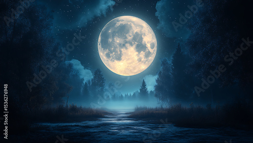 Luminous Full Moon Over Misty Lake with Dark Trees and Swirling Clouds in a Tranquil Night Scene

