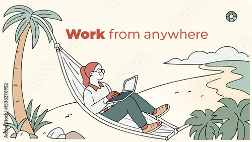 Illustration of a woman works on her laptop while relaxing in a hammock on a tropical beach