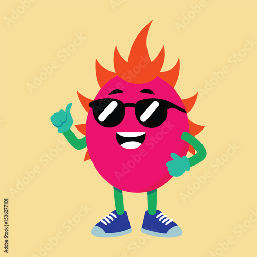 Cartoon dragon fruit character with sunglasses and shoes