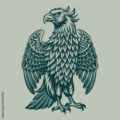 Detailed drawing of an eagle with spread wings on grey