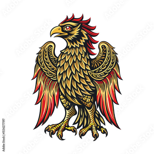 Ornate golden eagle with red accents on a white background