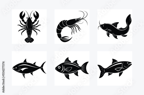 Various sea creatures in black silhouette on white grid