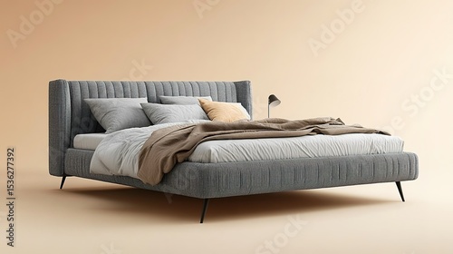 A modern, upholstered gray bed with a high headboard, neatly made with neutral-toned pillows and blankets, set against a beige background.