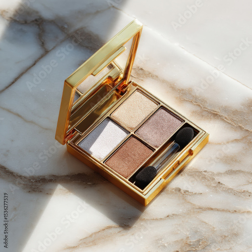 Elegant eyeshadow palette with golden trim, featuring four shades on marble surface. palette includes mirror and applicator, perfect for creating stunning eye looks