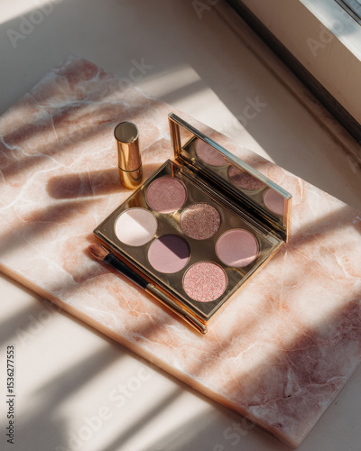 Elegant makeup flat lay featuring pastel eyeshadow palette with variety of shades, beautifully arranged on marble surface, capturing soft natural light and shadows