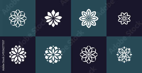 A set of abstract geometric floral icons arranged in a grid. Each pattern features unique floral motifs and a balanced design aesthetic. Ideal for branding, decoration, or graphic design purposes.