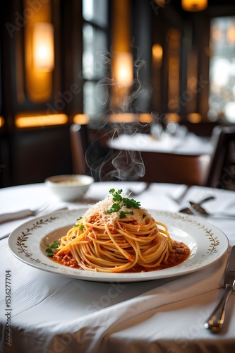 Spaghetti with tomato sauce. A plate of spaghetti with red sauce and parsley on top. The steam from the sauce is rising up. 