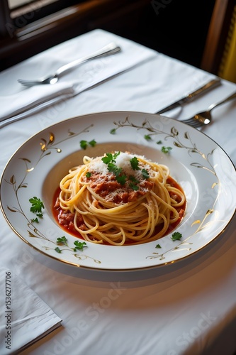 Spaghetti with tomato sauce. A plate of spaghetti with red sauce and parsley on top. The steam from the sauce is rising up. 