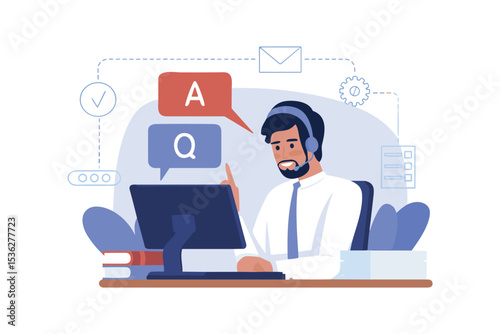 Illustration of a customer service representative wearing a headset, working at a desk with a computer, surrounded by abstract communication and technology elements, highlighting professional support 