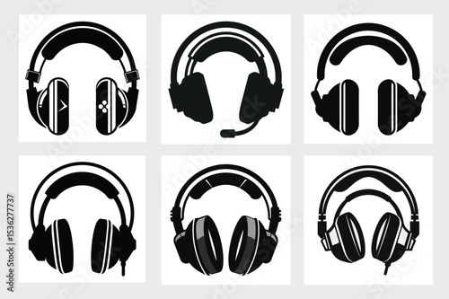 Collection of black and white headphone vector illustrations