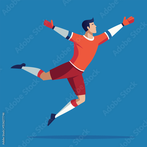 A goalkeeper in red diving to catch a soccer ball vector