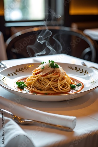 Spaghetti with tomato sauce. A plate of spaghetti with red sauce and parsley on top. The steam from the sauce is rising up. 