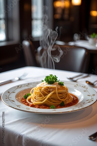 Spaghetti with tomato sauce. A plate of spaghetti with red sauce and parsley on top. The steam from the sauce is rising up. 